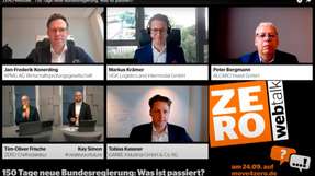 Peter Bergmann (ALCARO Invest GmbH), Jan-Frederik Konerding (KPMG AG), Tobias Kassner (GARBE Industrial GmbH&Co. KG), Markus Krämer (HGK Logistics and Intermodal GmbH) im Gespräch mit Chefredakteur Tim-Oliver Frische (ZERO / DVV) und Kay Simon (#createyourfuture)