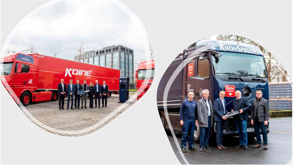 Übergabe der ersten zwei eTGX an Koinè: (v.l.) Christopher Kunstmann (Head of Sales Truck MAN Truck & Bus SE), Marc Martinez (Geschäftsführer MAN Truck & Bus Italia), Michael Kobriger (Vorstand Produktion & Logistik MAN Truck & Bus SE), Paolo Toccafondi, Donatella Toccafondi (beide Koinè), Svante Palebo (Nestlé Waters), Christoph Aringer (CEO Volkswagen Group Italien)  / Übergabe eines neuen E-Lkws am RhönSprudel Unternehmenssitz in Ebersburg-Weyhers: Fabian Schad (Kraftfahrer bei RhönSprudel), Frank Baier (Leiter externe Logistik RhönSprudel), Sascha Stößel (Geschäftsführer Gesamtvertrieb Autohaus Kunzmann), Helmut Tautelhahn (Kaufmännischer Geschäftsführer RhönSprudel Gruppe) und Klaus Weber (Neuwagen-Verkauf Nutzfahrzeuge Autohaus Kunzmann) bei der Übergabe (v. l. n. r.)  