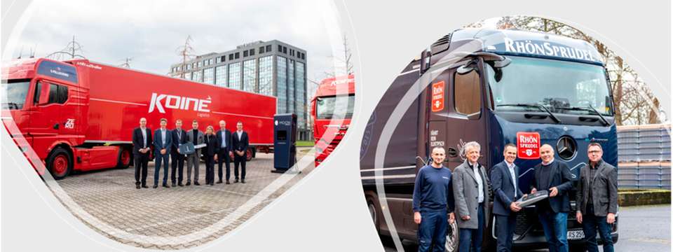 Übergabe der ersten zwei eTGX an Koinè: (v.l.) Christopher Kunstmann (Head of Sales Truck MAN Truck & Bus SE), Marc Martinez (Geschäftsführer MAN Truck & Bus Italia), Michael Kobriger (Vorstand Produktion & Logistik MAN Truck & Bus SE), Paolo Toccafondi, Donatella Toccafondi (beide Koinè), Svante Palebo (Nestlé Waters), Christoph Aringer (CEO Volkswagen Group Italien)  / Übergabe eines neuen E-Lkws am RhönSprudel Unternehmenssitz in Ebersburg-Weyhers: Fabian Schad (Kraftfahrer bei RhönSprudel), Frank Baier (Leiter externe Logistik RhönSprudel), Sascha Stößel (Geschäftsführer Gesamtvertrieb Autohaus Kunzmann), Helmut Tautelhahn (Kaufmännischer Geschäftsführer RhönSprudel Gruppe) und Klaus Weber (Neuwagen-Verkauf Nutzfahrzeuge Autohaus Kunzmann) bei der Übergabe (v. l. n. r.)  