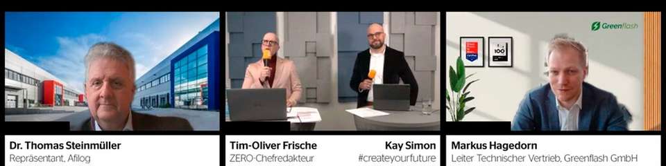 Peter Bergmann (Alcaro Invest),  Benjamin Schiebler (Volvo Group), Volker Rügheimer (Volkswagen Group), Dr. Thomas Steinmüller (Afilog) und Markus Hagedorn (Greenflash) im Gespräch mit Chefredakteur Tim-Oliver Frische (ZERO) und Kay Simon (#createyourfuture)