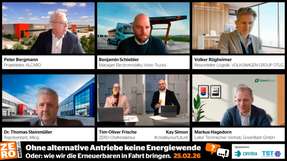 Peter Bergmann (Alcaro Invest),  Benjamin Schiebler (Volvo Group), Volker Rügheimer (Volkswagen Group), Dr. Thomas Steinmüller (Afilog) und Markus Hagedorn (Greenflash) im Gespräch mit Chefredakteur Tim-Oliver Frische (ZERO) und Kay Simon (#createyourfuture)