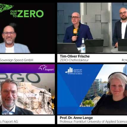 Hendrik Bender (Sovereign Speed GmbH), Joachim von Winning (Fraport AG) und Prof. Dr. Anne Lange (Frankfurt University of Applied Sciences) im Gespäch mit Chefredakteur Tim-Oliver Frische (ZERO) und Kay Simon (#createyourfuture)