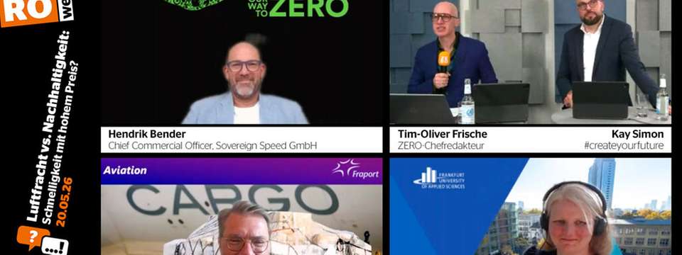 Hendrik Bender (Sovereign Speed GmbH), Joachim von Winning (Fraport AG) und Prof. Dr. Anne Lange (Frankfurt University of Applied Sciences) im Gespäch mit Chefredakteur Tim-Oliver Frische (ZERO) und Kay Simon (#createyourfuture)