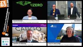 Hendrik Bender (Sovereign Speed GmbH), Joachim von Winning (Fraport AG) und Prof. Dr. Anne Lange (Frankfurt University of Applied Sciences) im Gespäch mit Chefredakteur Tim-Oliver Frische (ZERO) und Kay Simon (#createyourfuture)